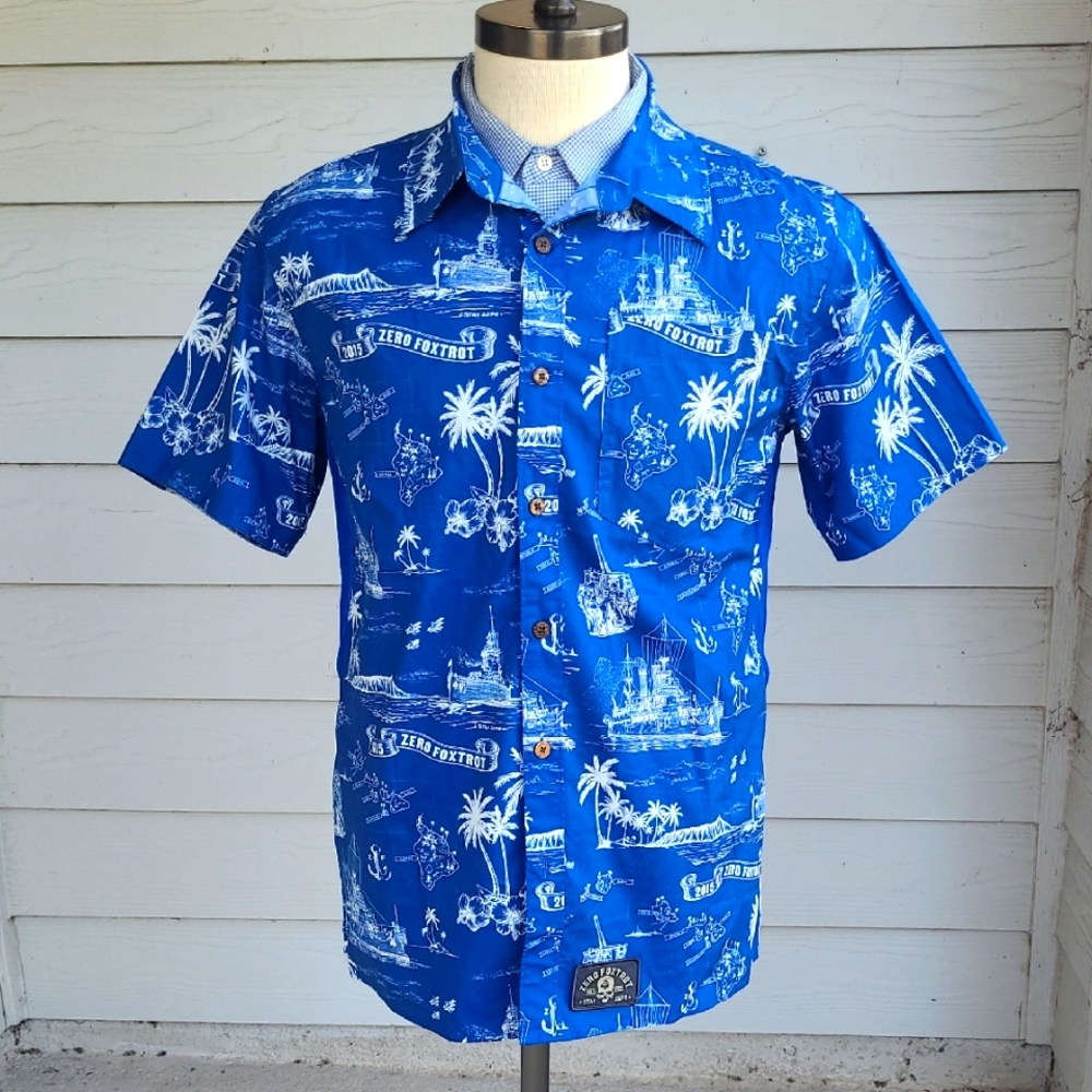 ZERO FOXTROT Blue White Nautical Map Cotton Blend‎ Medium Mens Hawaiian Shirt